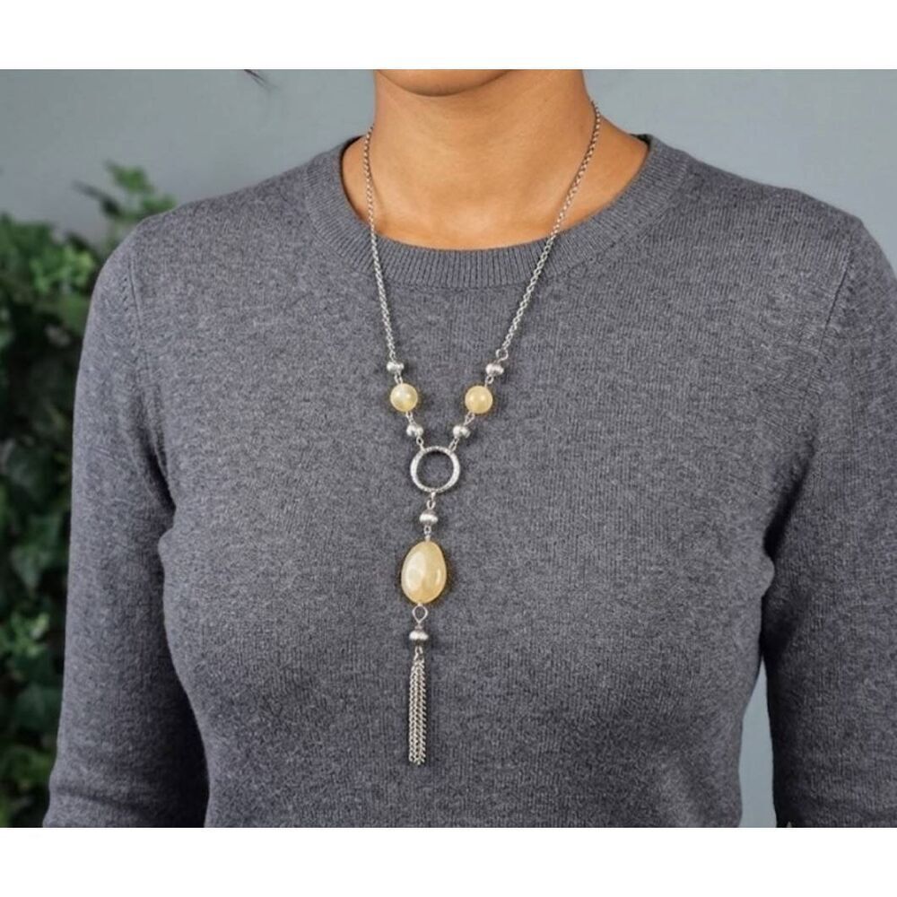 Necklace Y Drop Cream Stones and Silver chain